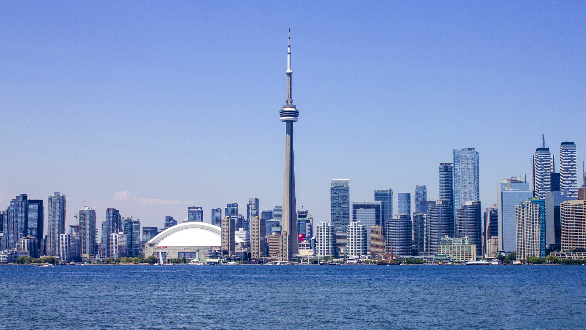 Toronto skyline and CN Tower across Lake Ontario