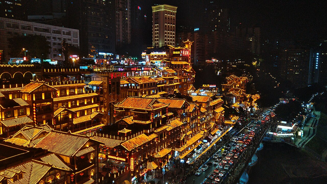 Hongyadong’s illuminated riverside buildings in Chongqing